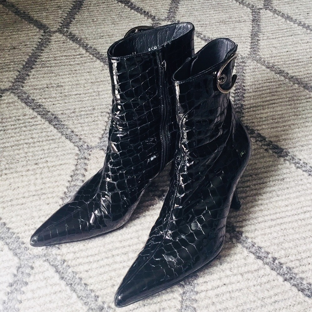 Stuart Weitzman Croc Embossed Patent Booties
